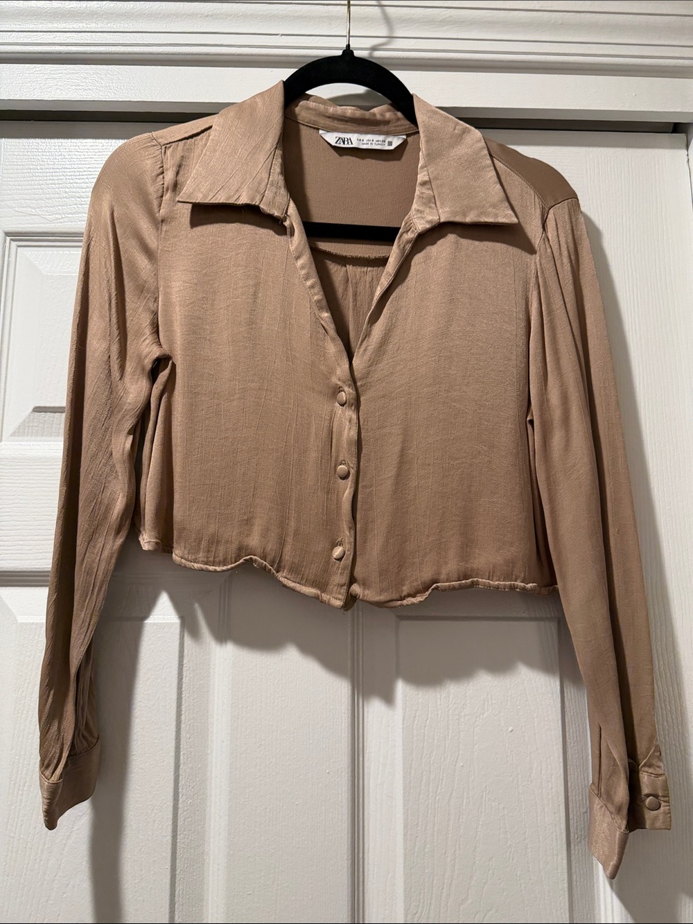 Zara Taupe Cropped Button-Front Collared Shirt
